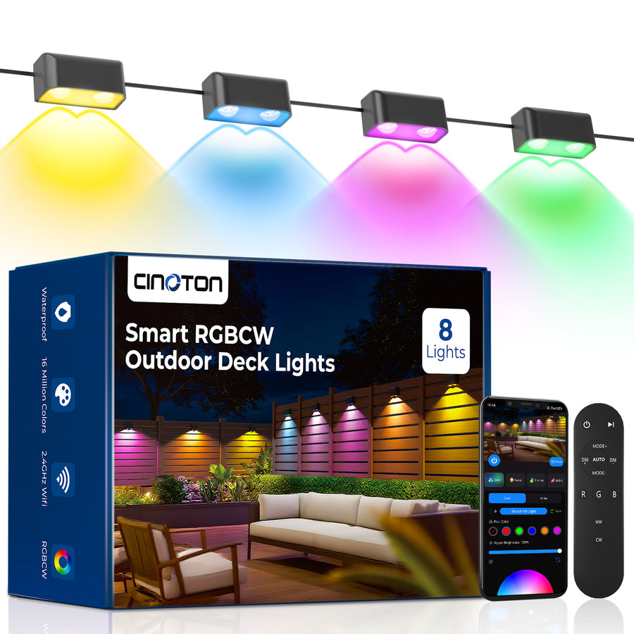 Outdoor Deck Lights 16 Packs, Smart RGBCW Fence Light, 100+ Scene Modes, Dual Lens LED String Lights with APP/Voice/Remote Control, IP65 Waterproof for Halloween Christmas Decor, 105ft Black