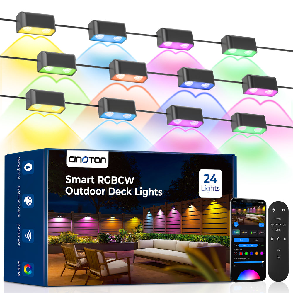 Outdoor Deck Lights 16 Packs, Smart RGBCW Fence Light, 100+ Scene Modes, Dual Lens LED String Lights with APP/Voice/Remote Control, IP65 Waterproof for Halloween Christmas Decor, 105ft Black