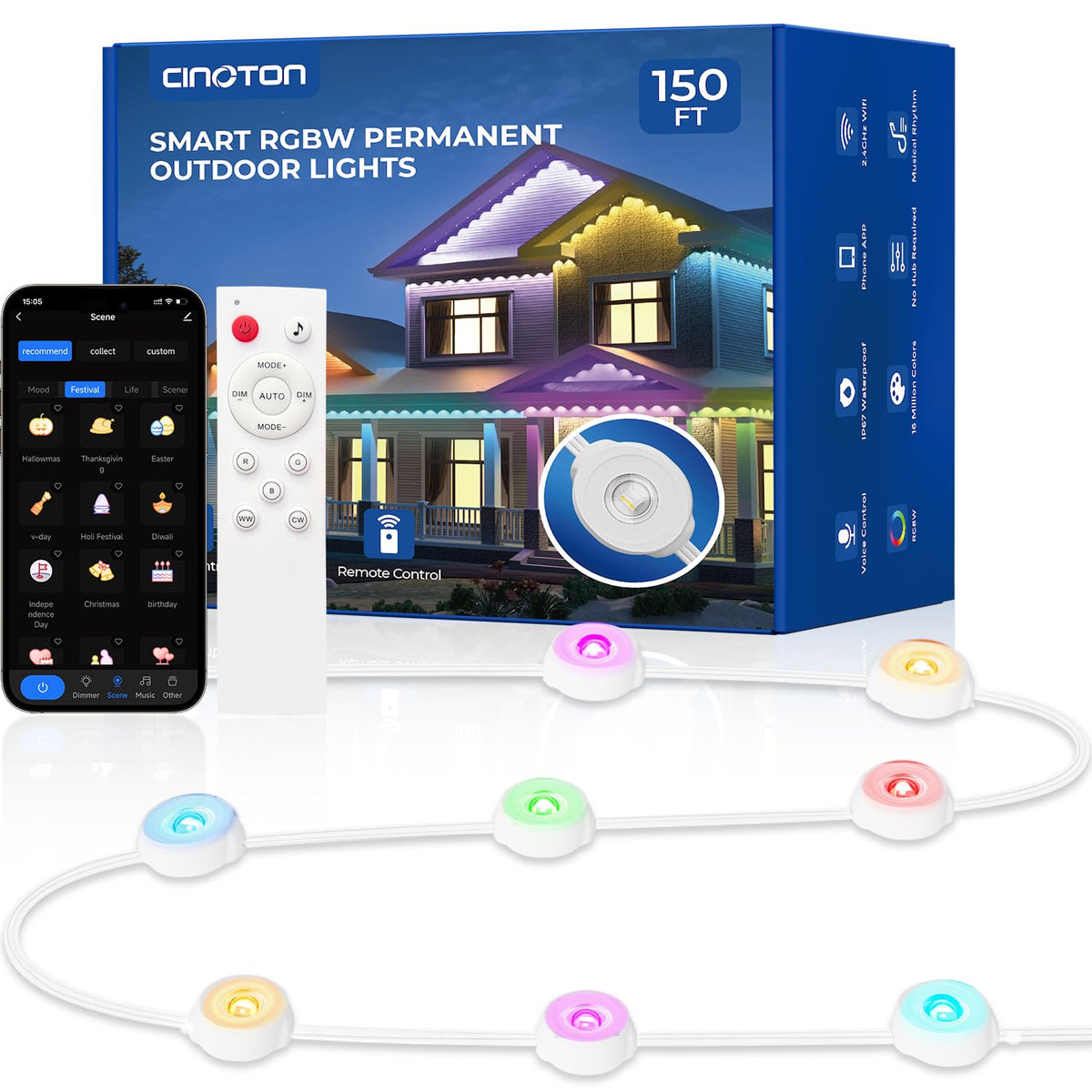 CINOTON Permanent Outdoor Lights 100ft/150ft/200ft, Smart RGBW+IC Eaves Lights with 60/90/120LEDs, IP67 Waterproof, 111 Scene Modes for Daily and Festival, Halloween Christmas Holiday Decor, APP/Voice/Remote Control