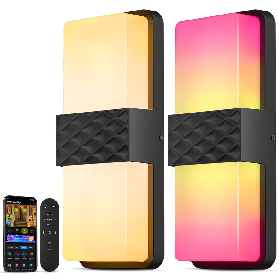 CINOTON Smart Outdoor Wall Lights, 1500LM RGB+IC+Warm/Cool White Porch Light, 44 Scene Modes, IP65 Waterproof Wall Sconce for Halloween Christmas Decor 2 Pack