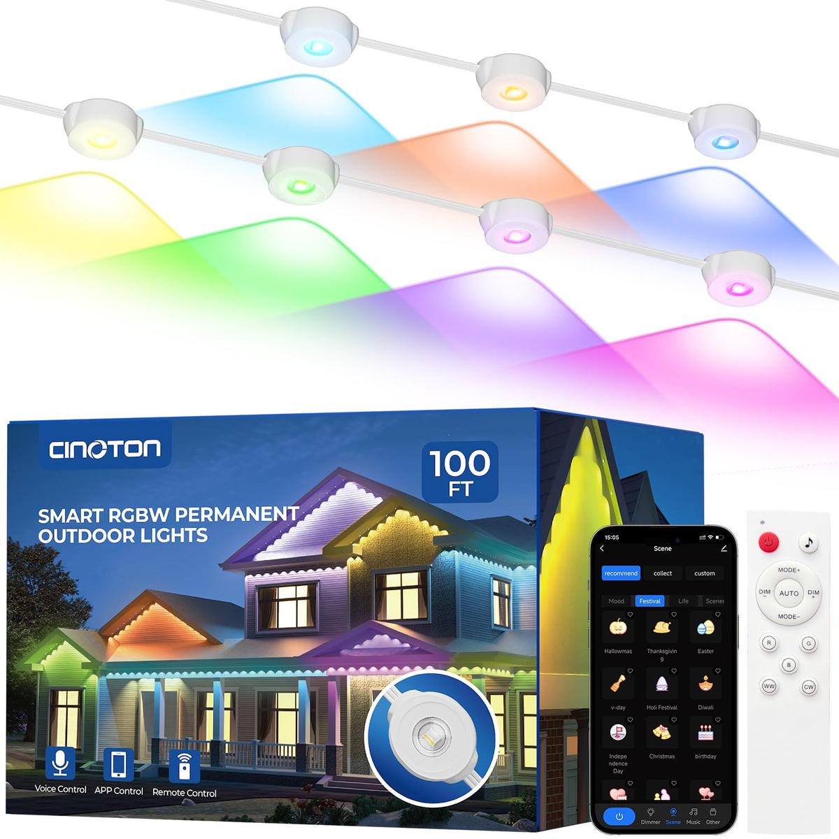 CINOTON Permanent Outdoor Lights Pro 100ft/200ft, Smart RGBCW Eaves Lights with 60/120 LEDs, IP67 Waterproof, 111 Scene Modes for Daily and Festival, Halloween Christmas Holiday Decor, APP/Voice/Remote Control
