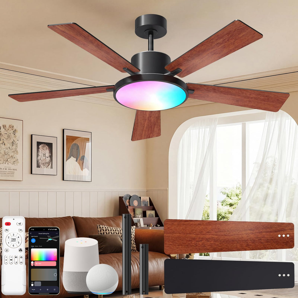 CINOTON Smart Ceiling Fan with Lights, 52'' RGBCW Ceiling Fan with Lights and Remote App Voice Control, Reversible DC Motor, 2600lm Dimmable, 6 Speeds & 2 Fan Modes, Quiet Fan for Bedroom, Living Room