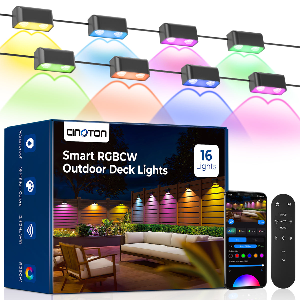 Outdoor Deck Lights 16 Packs, Smart RGBCW Fence Light, 100+ Scene Modes, Dual Lens LED String Lights with APP/Voice/Remote Control, IP65 Waterproof for Halloween Christmas Decor, 105ft Black