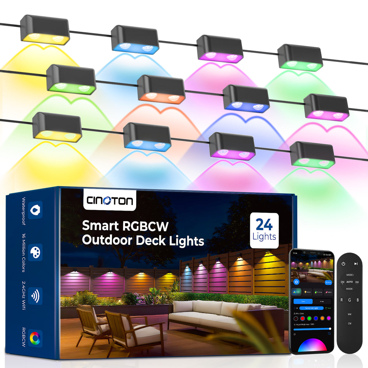 Outdoor Deck Lights 16 Packs, Smart RGBCW Fence Light, 100+ Scene Modes, Dual Lens LED String Lights with APP/Voice/Remote Control, IP65 Waterproof for Halloween Christmas Decor, 105ft Black