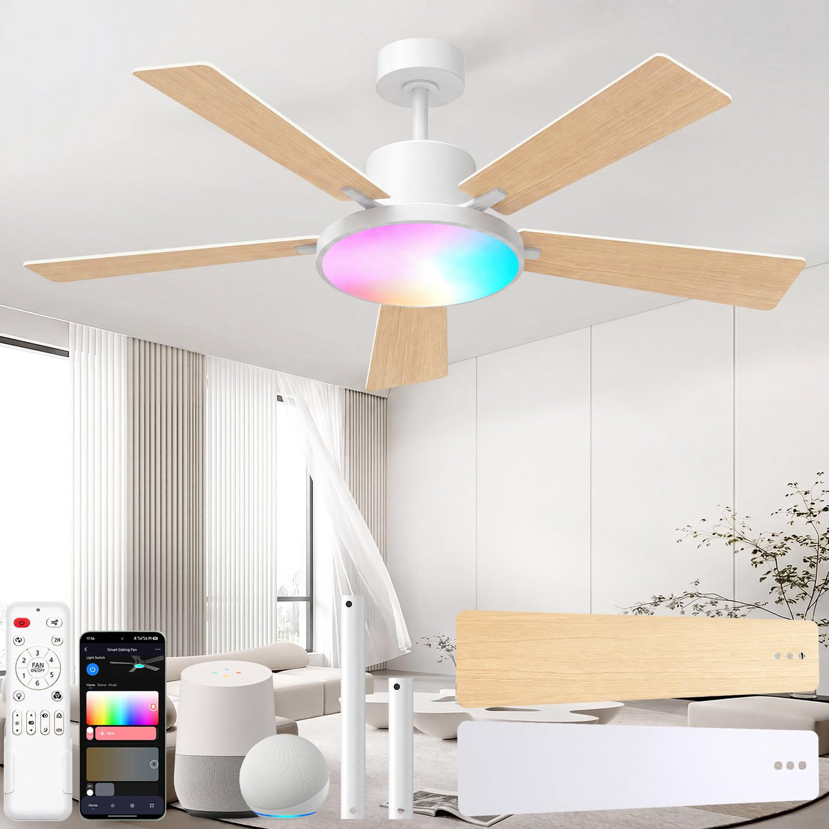 CINOTON Smart Ceiling Fan with Lights, 52'' RGBCW Ceiling Fan with Lights and Remote App Voice Control, Reversible DC Motor, 2600lm Dimmable, 6 Speeds & 2 Fan Modes, Quiet Fan for Bedroom, Living Room