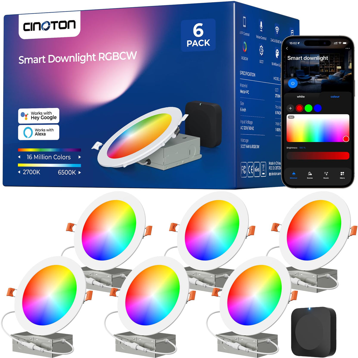 CINOTON RGBCW Smart LED Recessed Lighting with Gateway, Wi-Fi Canless Downlight with Junction Box, 16W Recessed Light Work with Alexa & Google Assistant,RGB & 2700-6500K Color Changing 6 Inch & 6 Pack