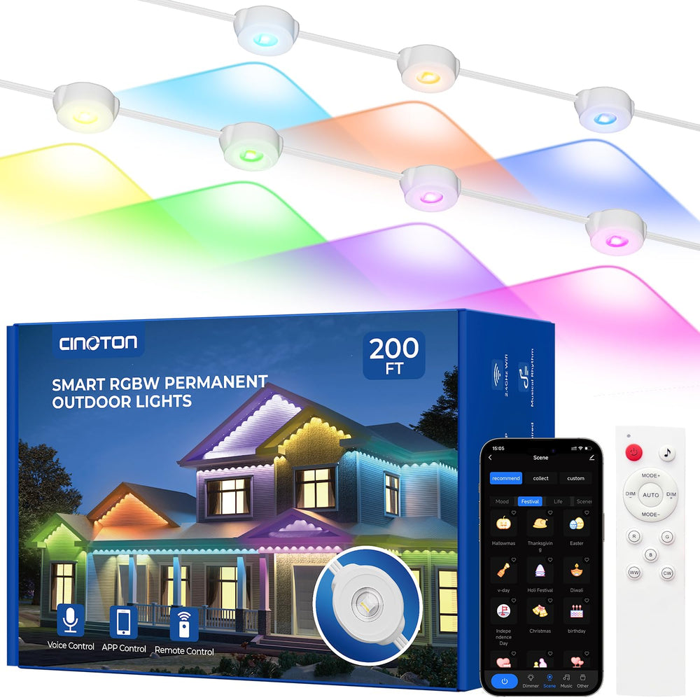 CINOTON Permanent Outdoor Lights Pro 100ft/200ft, Smart RGBCW Eaves Lights with 60/120 LEDs, IP67 Waterproof, 111 Scene Modes for Daily and Festival, Halloween Christmas Holiday Decor, APP/Voice/Remote Control