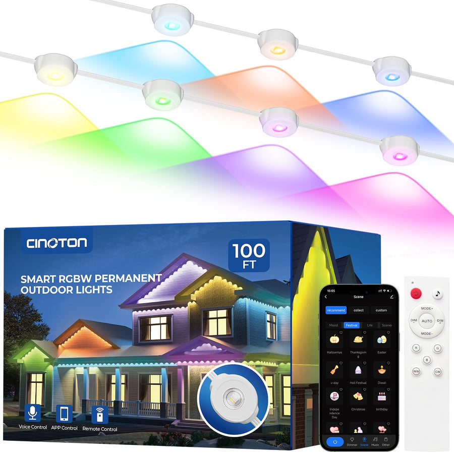 CINOTON Permanent Outdoor Lights Pro 100ft/200ft, Smart RGBCW Eaves Lights with 60/120 LEDs, IP67 Waterproof, 111 Scene Modes for Daily and Festival, Halloween Christmas Holiday Decor, APP/Voice/Remote Control