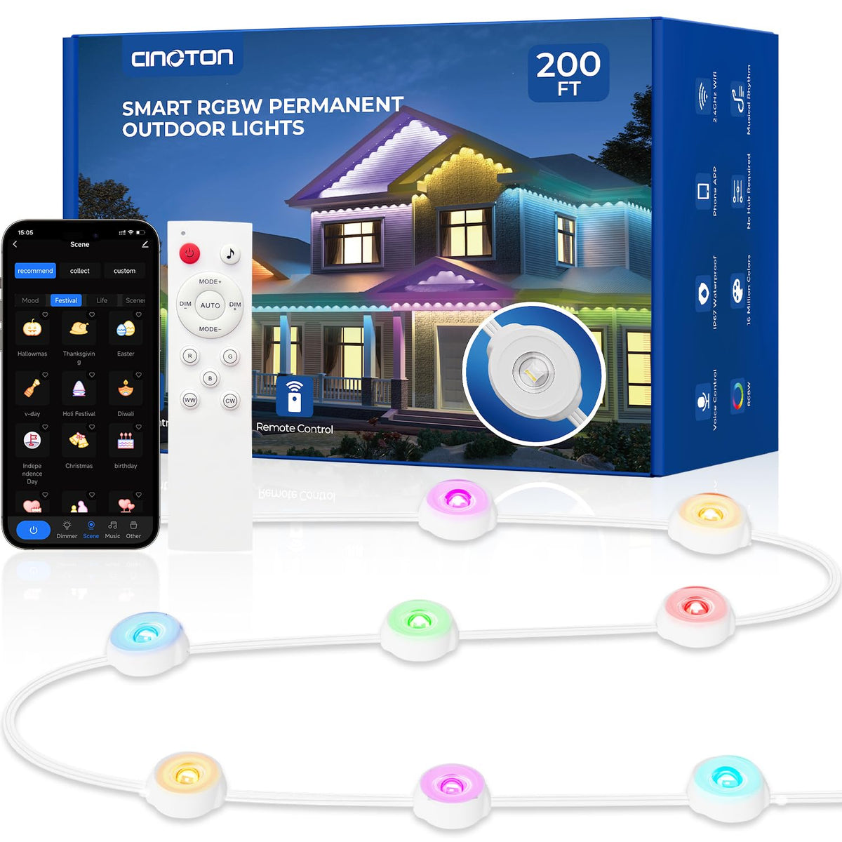 CINOTON Permanent Outdoor Lights 100ft/150ft/200ft, Smart RGBW+IC Eaves Lights with 60/90/120LEDs, IP67 Waterproof, 111 Scene Modes for Daily and Festival, Halloween Christmas Holiday Decor, APP/Voice/Remote Control