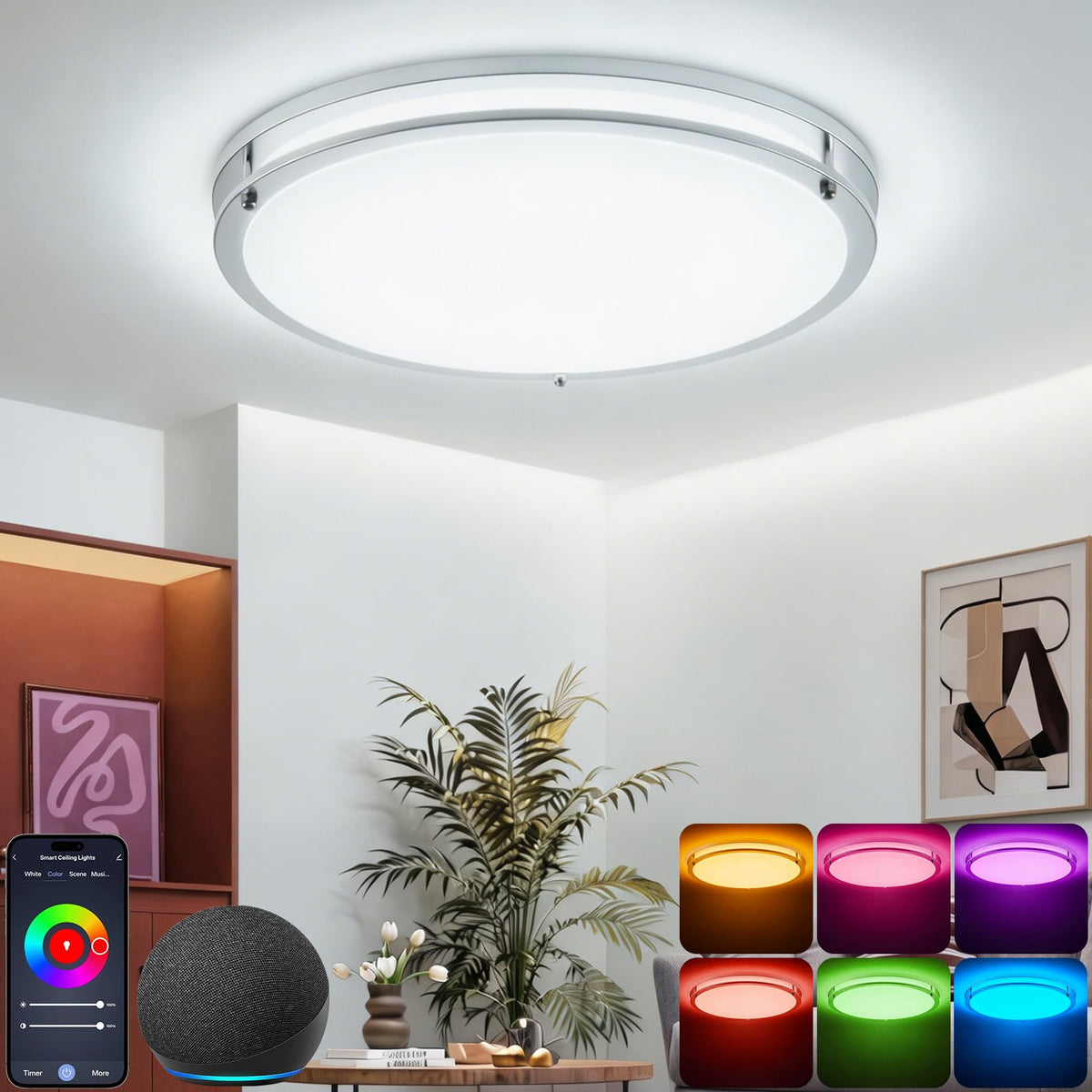 CINOTON 16" Smart Ceiling Light RGBCW, 40W LED Ceiling Light Fixture, 16 Million RGB & 2700K-6500K Adjustable for Bedroom Dining & Living Room Kitchen, Works with Alexa & Google Assistant