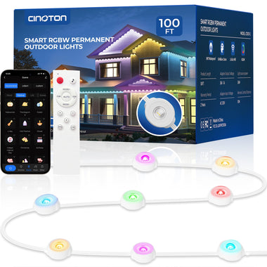 CINOTON Permanent Outdoor Lights 100ft/150ft/200ft, Smart RGBW+IC Eaves Lights with 60/90/120LEDs, IP67 Waterproof, 111 Scene Modes for Daily and Festival, Halloween Christmas Holiday Decor, APP/Voice/Remote Control