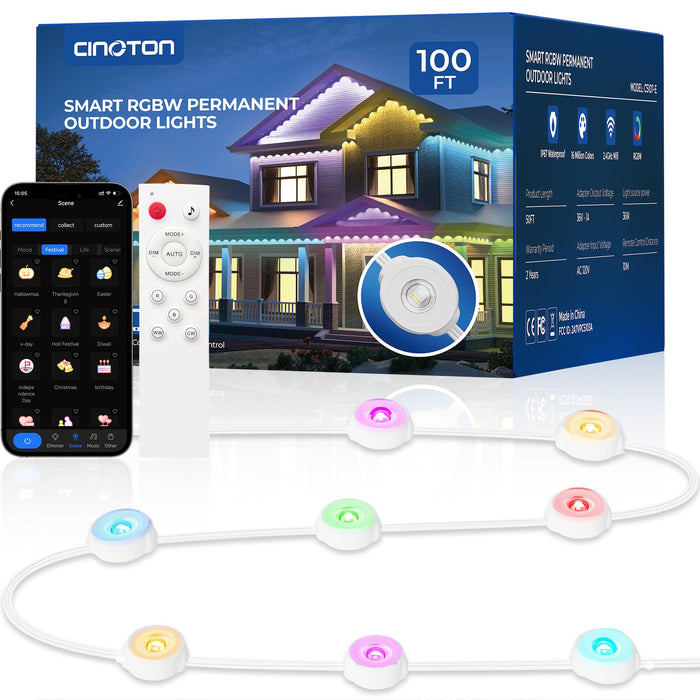 CINOTON Permanent Outdoor Lights 100ft/150ft/200ft, Smart RGBW+IC Eaves Lights with 60/90/120LEDs, IP67 Waterproof, 111 Scene Modes for Daily and Festival, Halloween Christmas Holiday Decor, APP/Voice/Remote Control