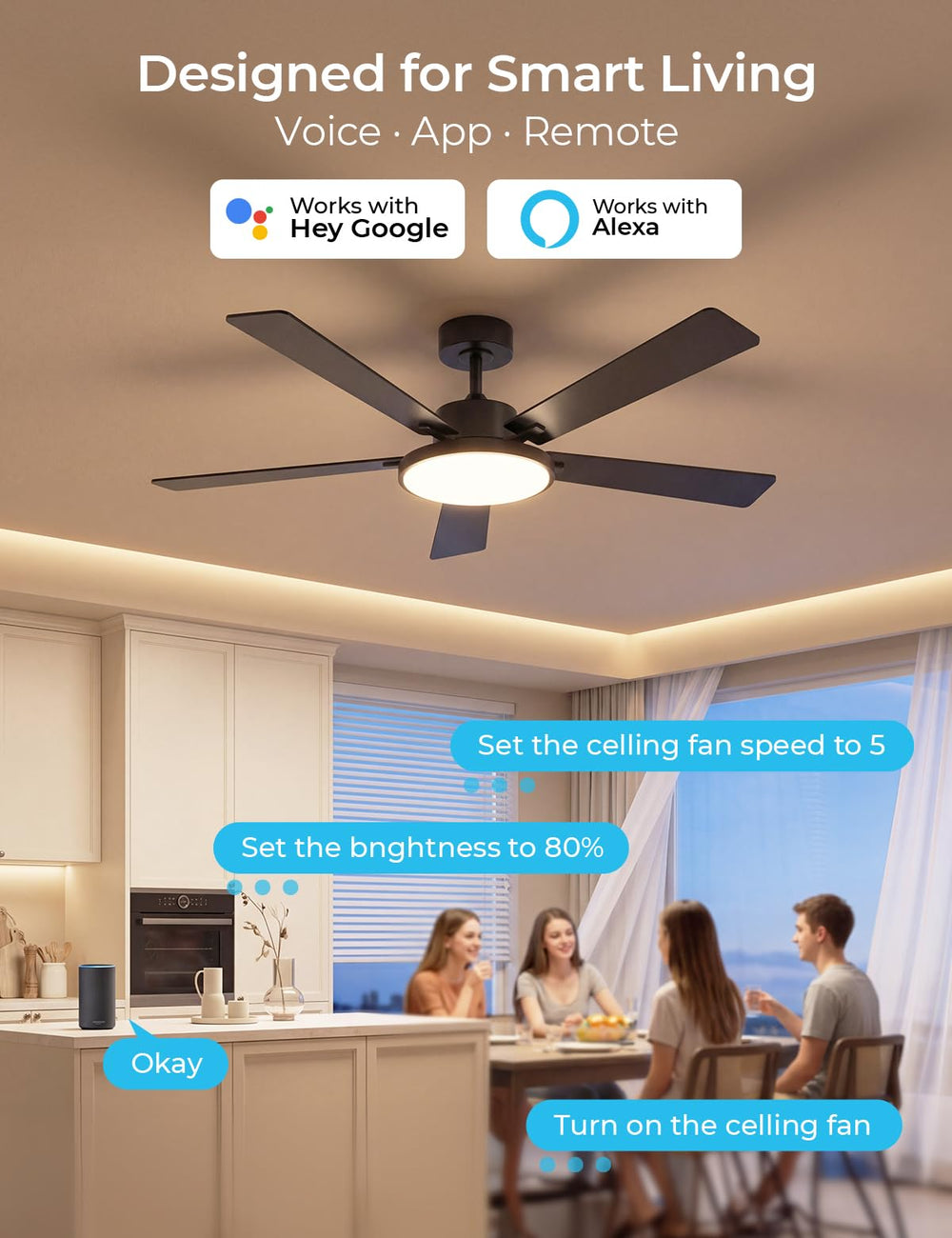 CINOTON Smart Ceiling Fan with Lights, 52'' RGBCW Ceiling Fan with Lights and Remote App Voice Control, Reversible DC Motor, 2600lm Dimmable, 6 Speeds & 2 Fan Modes, Quiet Fan for Bedroom, Living Room