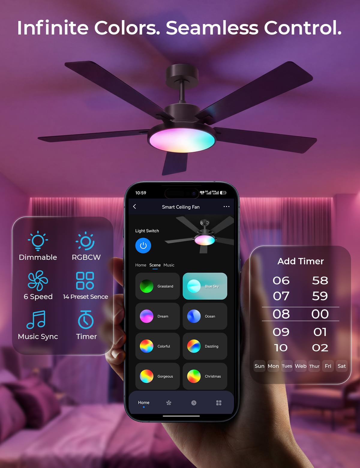 CINOTON Smart Ceiling Fan with Lights, 52'' RGBCW Ceiling Fan with Lights and Remote App Voice Control, Reversible DC Motor, 2600lm Dimmable, 6 Speeds & 2 Fan Modes, Quiet Fan for Bedroom, Living Room