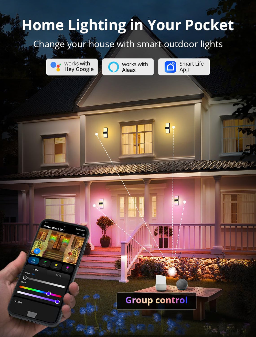 CINOTON Smart Outdoor Wall Lights, 1500LM RGB+IC+Warm/Cool White Porch Light, 44 Scene Modes, IP65 Waterproof Wall Sconce for Halloween Christmas Decor 2 Pack