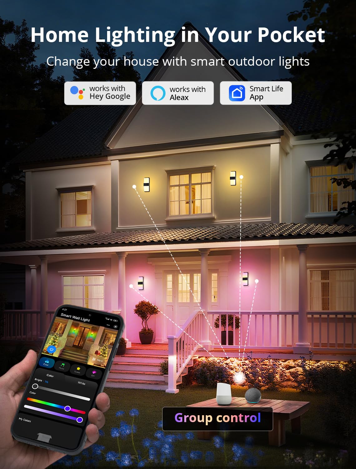 CINOTON Smart Outdoor Wall Lights, 1500LM RGB+IC+Warm/Cool White Porch Light, 44 Scene Modes, IP65 Waterproof Wall Sconce for Halloween Christmas Decor 2 Pack