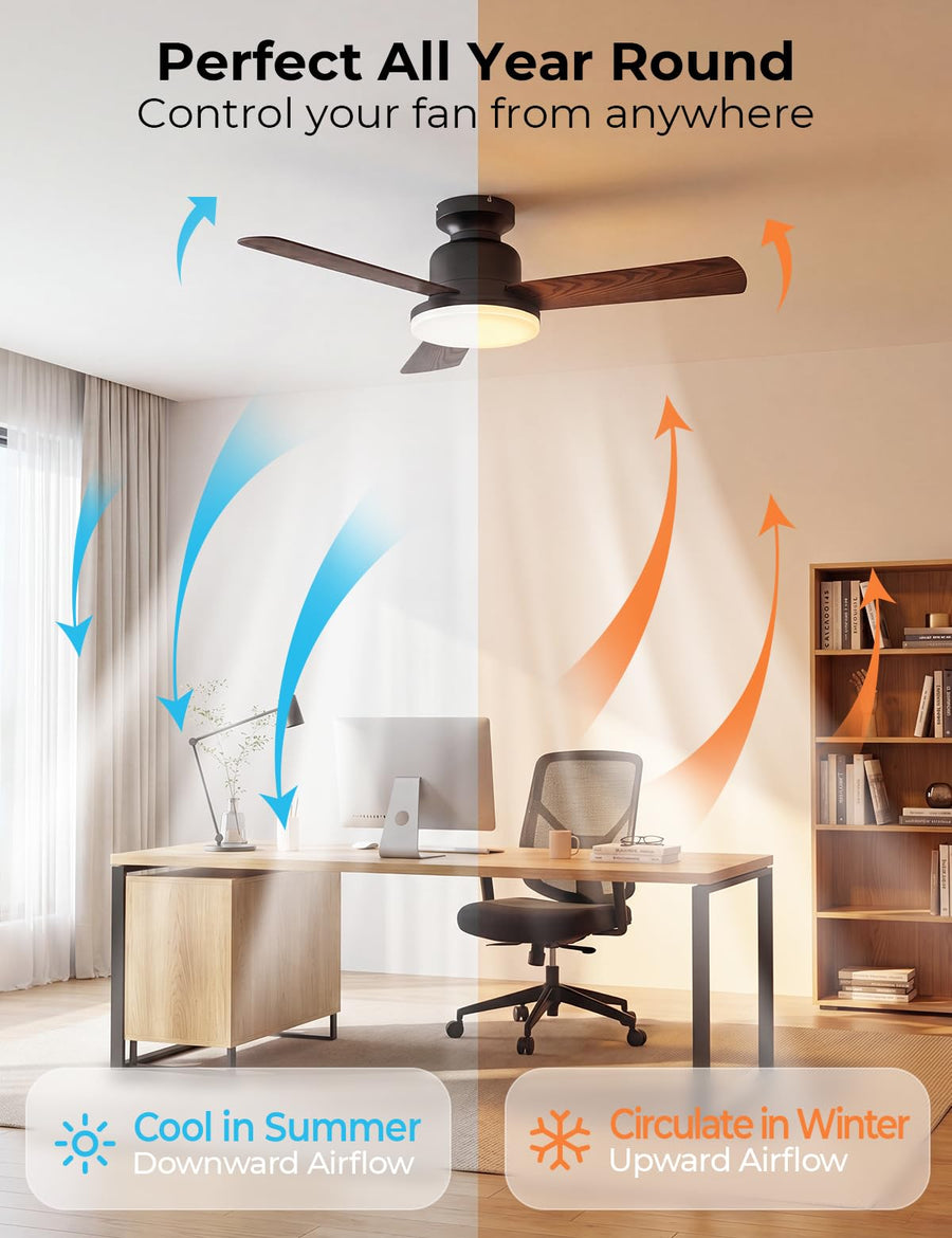 Smart Ceiling Fan with Lights, 42'' RGBCW Low Profile Ceiling Fan with Lights and Remote, App/Voice Control, Reversible DC Motor, 2400lm Dimmable, 6 Speeds, Quiet Fan for Bedroom, Living Room