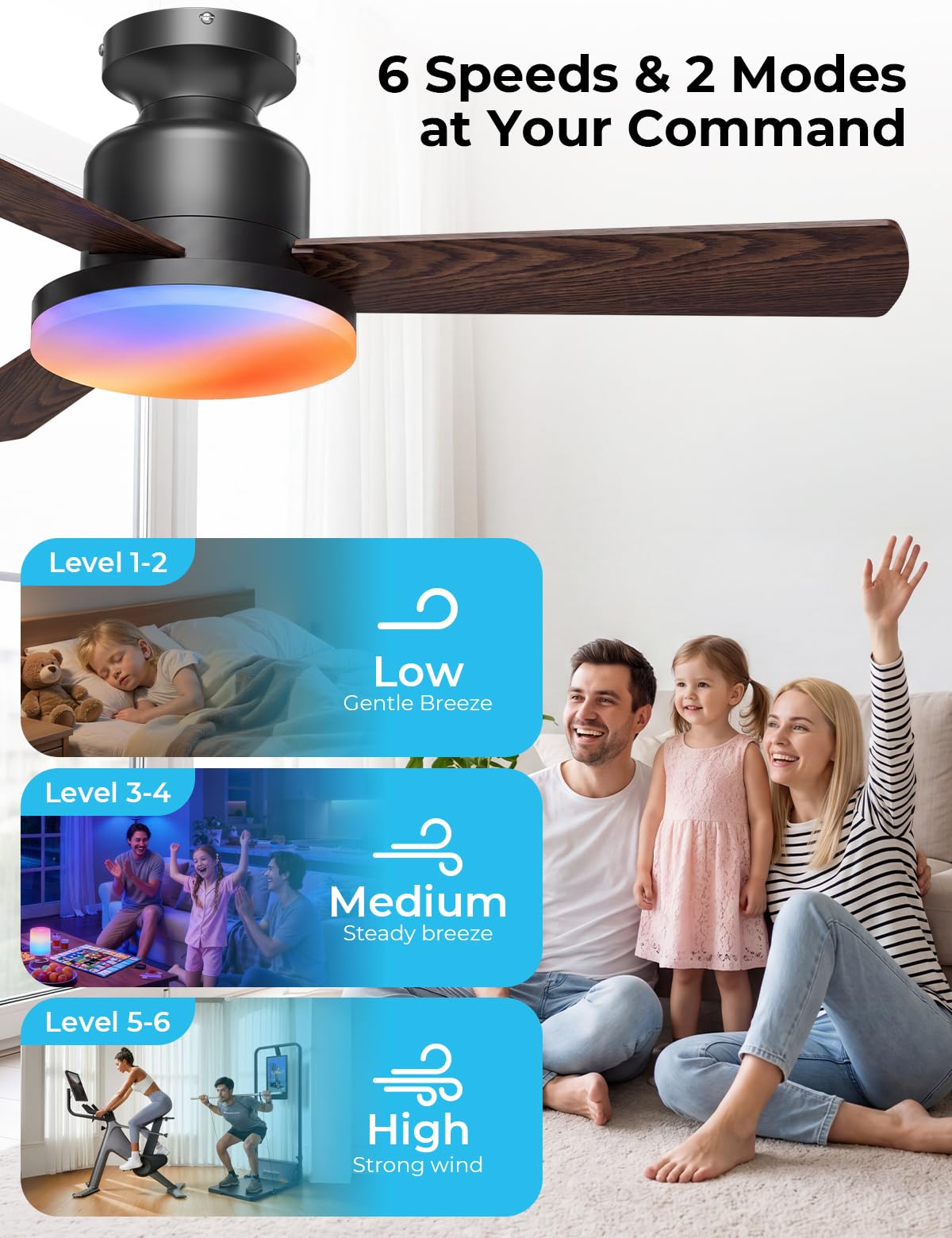 Smart Ceiling Fan with Lights, 42'' RGBCW Low Profile Ceiling Fan with Lights and Remote, App/Voice Control, Reversible DC Motor, 2400lm Dimmable, 6 Speeds, Quiet Fan for Bedroom, Living Room