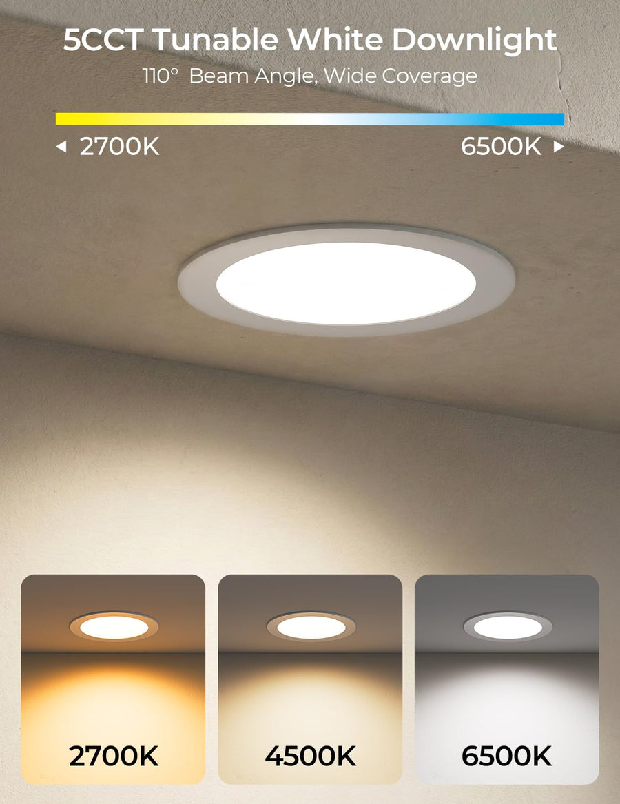 CINOTON RGBCW Smart LED Recessed Lighting with Gateway, Wi-Fi Canless Downlight with Junction Box, 16W Recessed Light Work with Alexa & Google Assistant,RGB & 2700-6500K Color Changing 6 Inch & 6 Pack